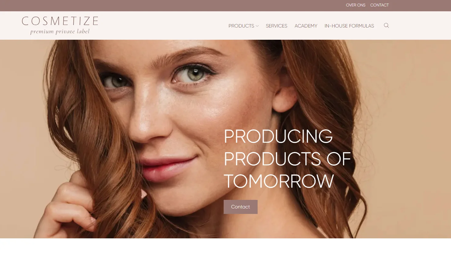Cosmetize premium private label banner with partial view of a woman with long brown hair and promotional text.